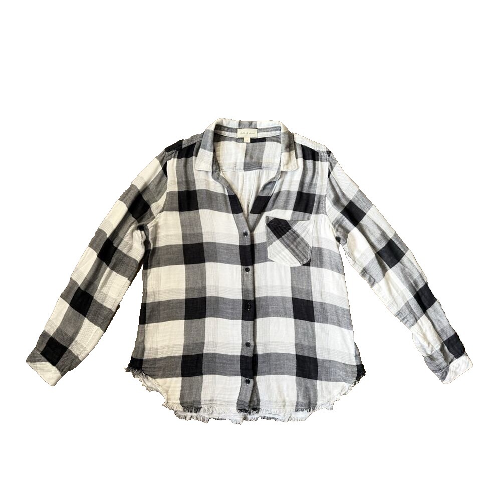 Cloth & Stone Button Down Shirt Womens Large Black White Plaid Frayed Hem Casual